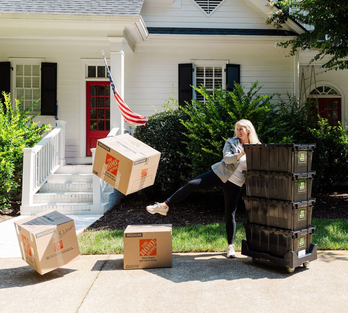 Owner, Kourtney kicking carboard boxes goodbye